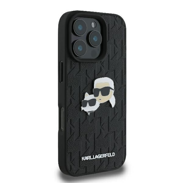 Hoes voor Apple iPhone 16 Pro, Karl Lagerfeld, Monogram Karl & Choupette's Heads, Zwart