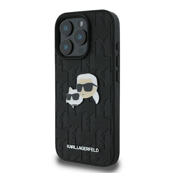 Hoes voor Apple iPhone 16 Pro, Karl Lagerfeld, Monogram Karl & Choupette's Heads, Zwart