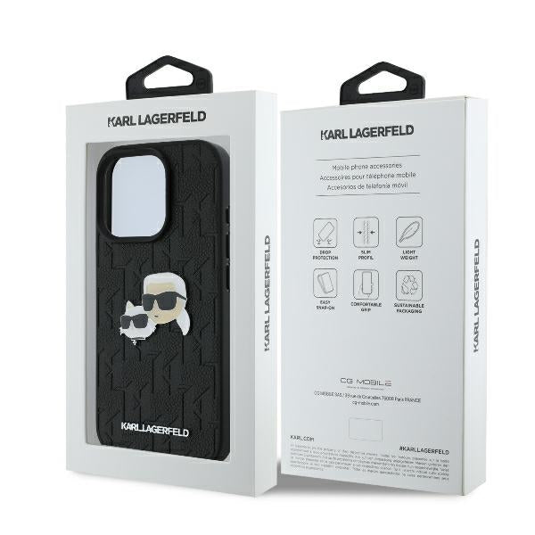 Hoes voor Apple iPhone 16 Pro, Karl Lagerfeld, Monogram Karl & Choupette's Heads, Zwart