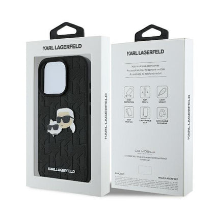 Hoes voor Apple iPhone 16 Pro, Karl Lagerfeld, Monogram Karl & Choupette's Heads, Zwart