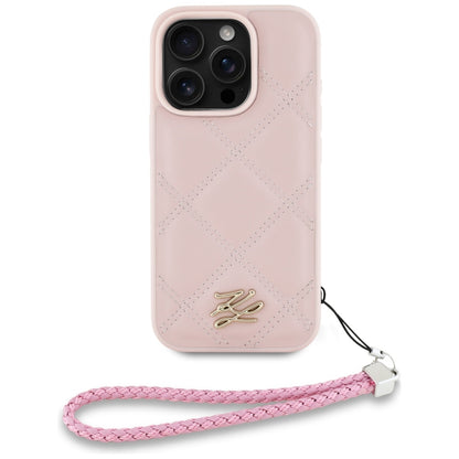Case for Apple iPhone 16 Pro, Karl Lagerfeld, Quilted Initial Logo & Chain Strap, Pink