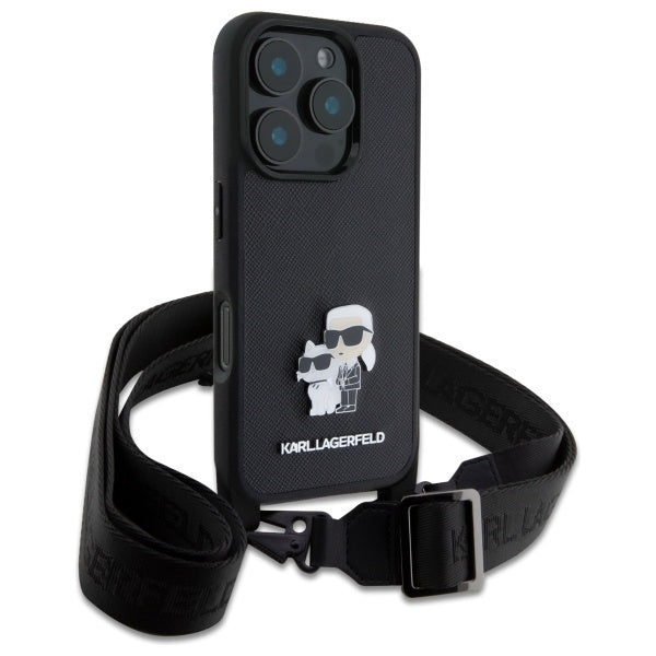 Hoes voor Apple iPhone 16 Pro, Karl Lagerfeld, Saffiano Crossbody Metal Pin Karl & Choupette, Zwart