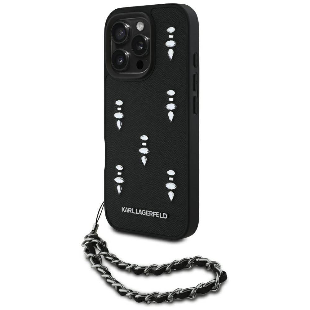 Hoes voor Apple iPhone 16 Pro, Karl Lagerfeld, Saffiano Crystals & Charm, Zwart