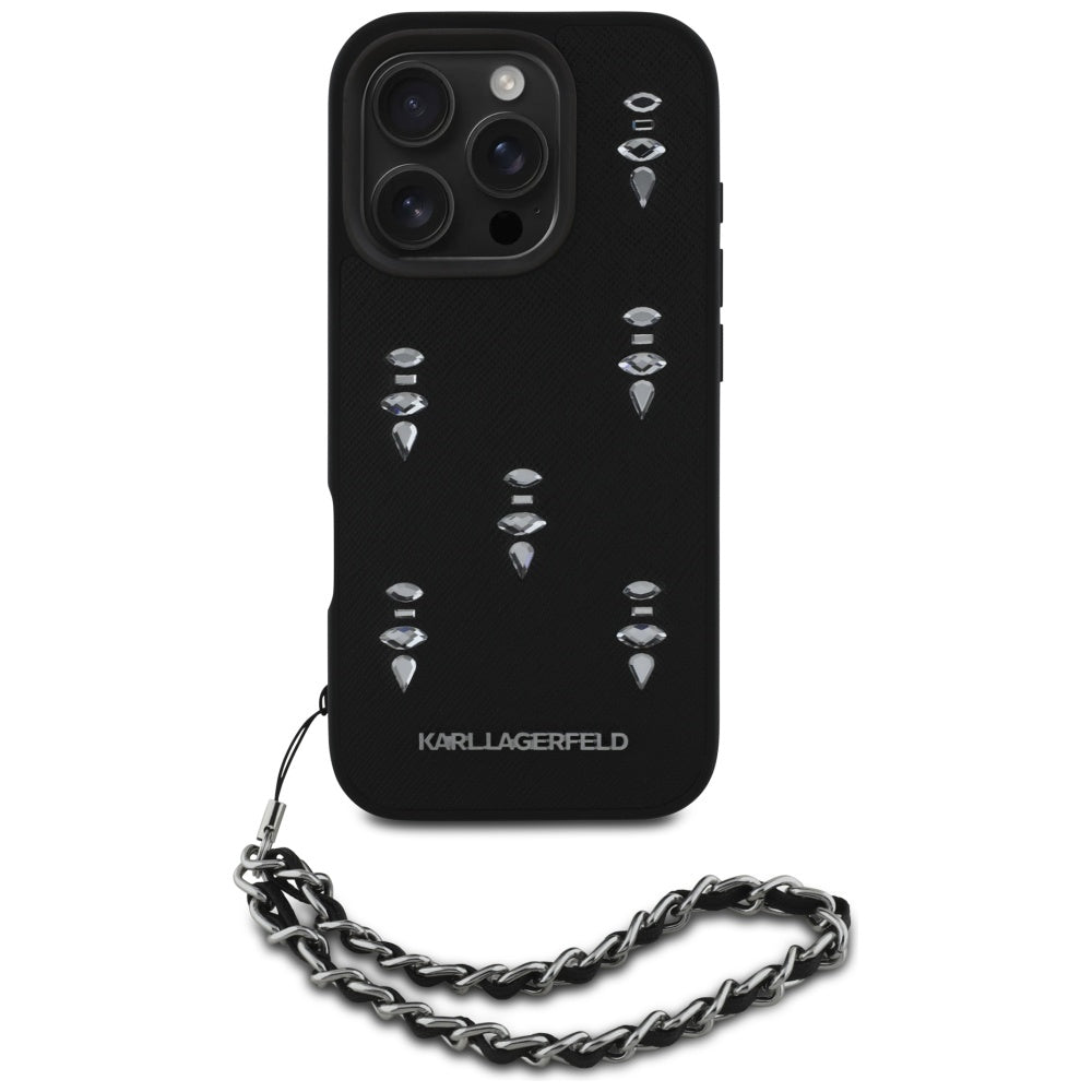 Hoes voor Apple iPhone 16 Pro, Karl Lagerfeld, Saffiano Crystals & Charm, Zwart