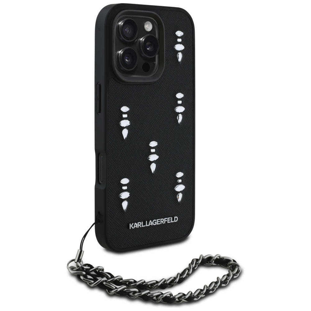 Hoes voor Apple iPhone 16 Pro, Karl Lagerfeld, Saffiano Crystals & Charm, Zwart