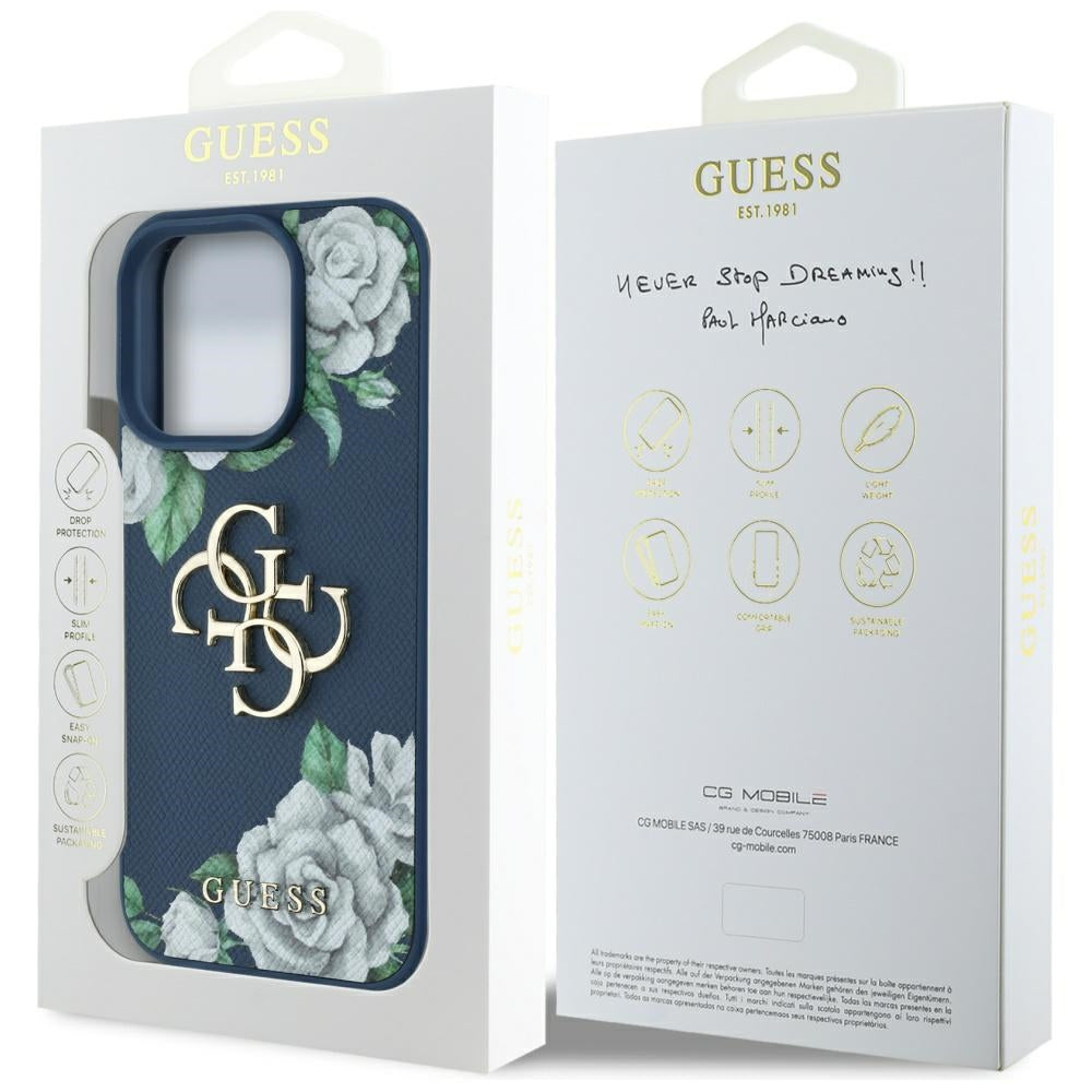 Hoes voor Apple iPhone 16 Pro Max, Guess, 4G Grained Roses Big Logo, Blauw