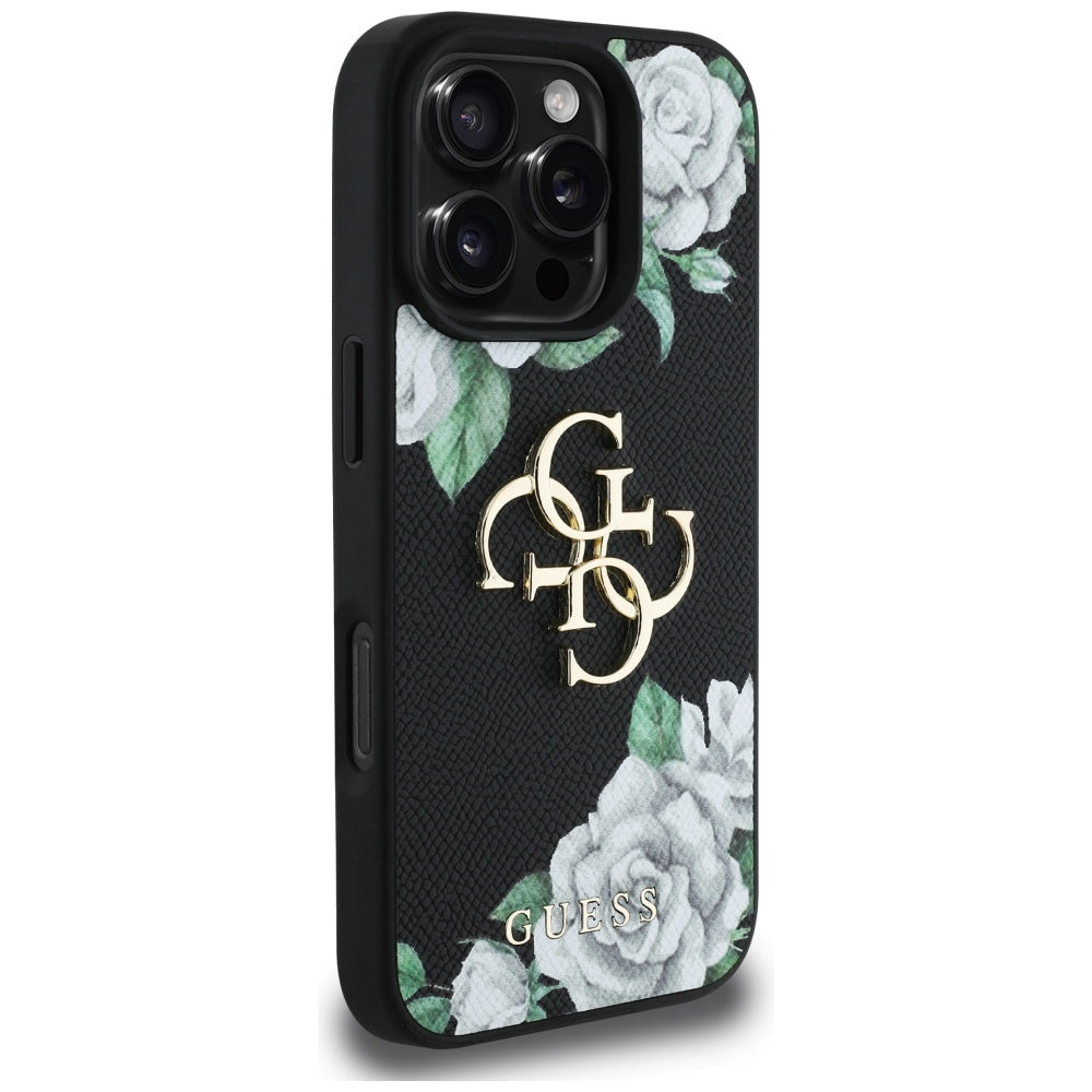 Hoes voor Apple iPhone 16 Pro Max, Guess, 4G Grained Roses Big Logo, Zwart
