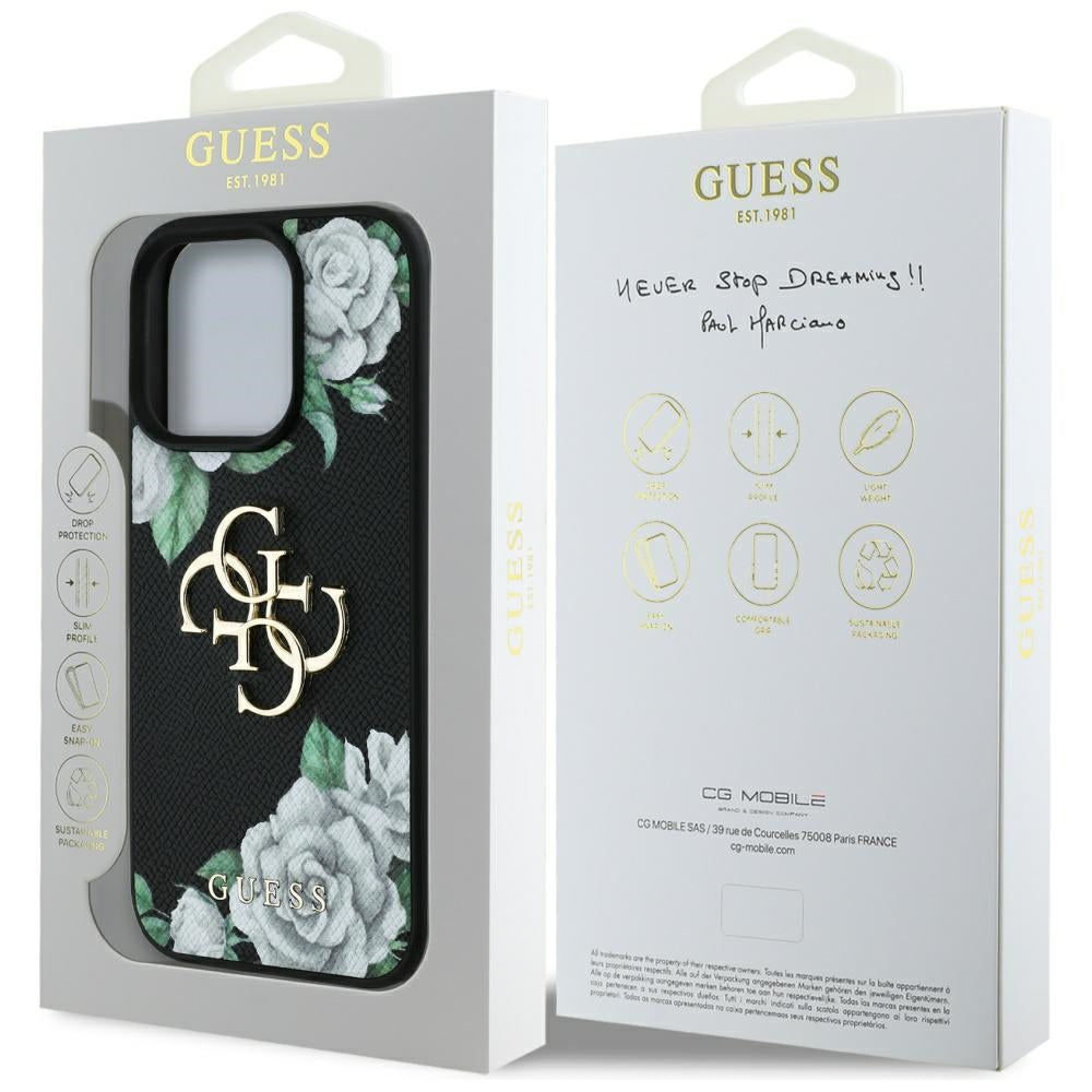 Hoes voor Apple iPhone 16 Pro Max, Guess, 4G Grained Roses Big Logo, Zwart