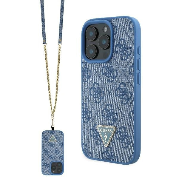 Hoes voor Apple iPhone 16 Pro Max, Guess, Crossbody 4G Triangle Strass, Blauw