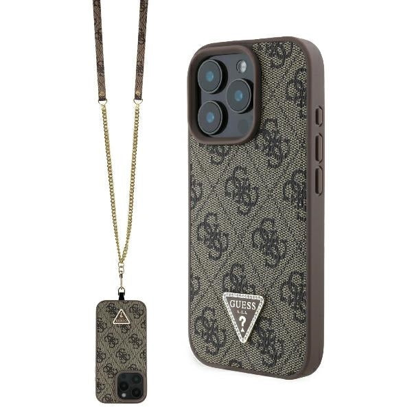 Hoes voor Apple iPhone 16 Pro Max, Guess, Crossbody 4G Triangle Strass, Bruin