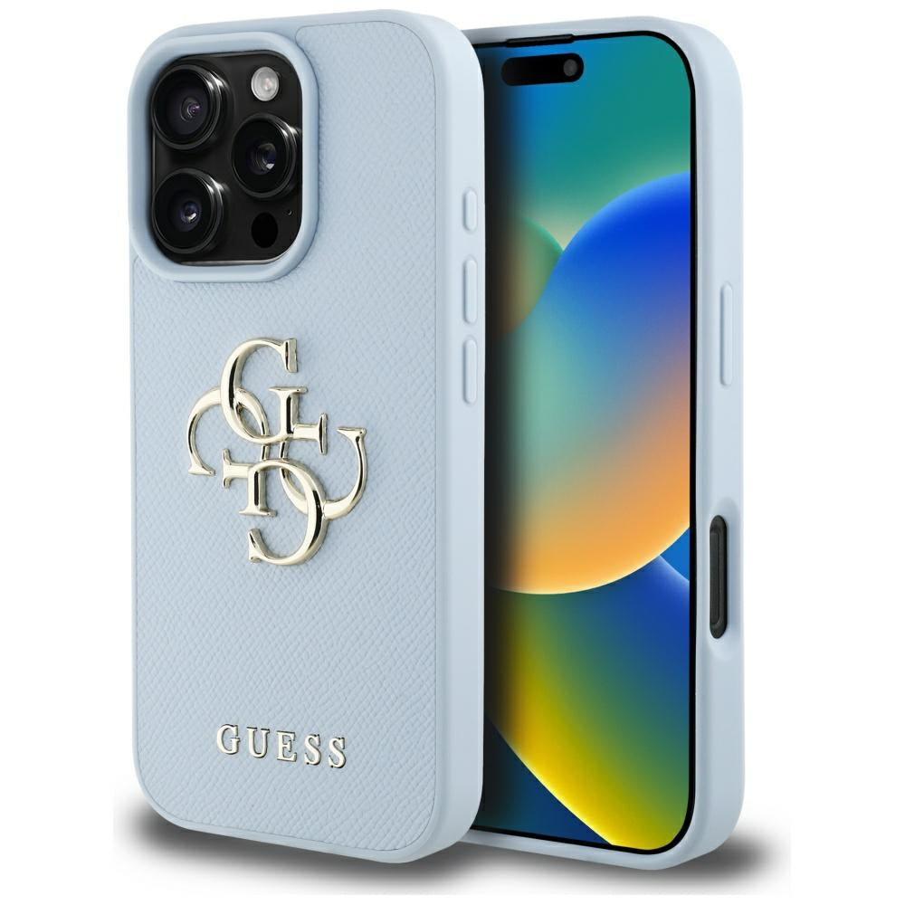 Hoes voor Apple iPhone 16 Pro Max, Guess, Grained Big 4G Logo Small Classic Logo, Blauw