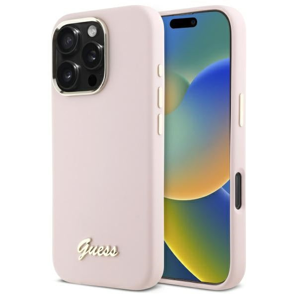Hoes voor Apple iPhone 16 Pro Max, Guess, Script Metal Logo & Frame, Lichtroze