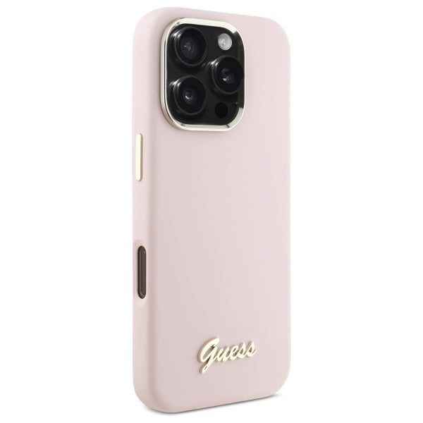 Hoes voor Apple iPhone 16 Pro Max, Guess, Script Metal Logo & Frame, Lichtroze