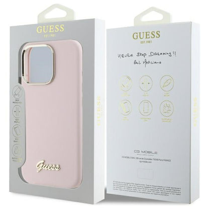 Hoes voor Apple iPhone 16 Pro Max, Guess, Script Metal Logo & Frame, Lichtroze
