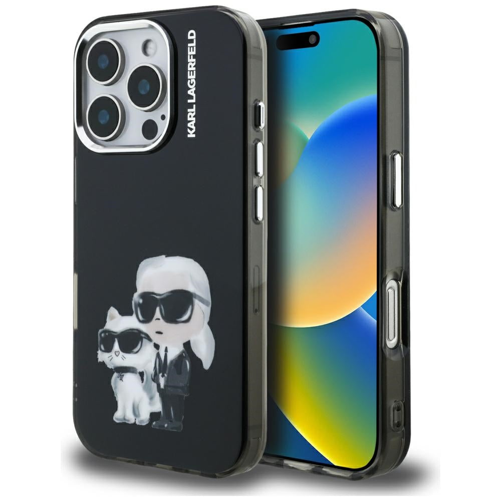 Hoes voor Apple iPhone 16 Pro Max, Karl Lagerfeld, IML Aquarelle Logo Karl & Choupette, Zwart