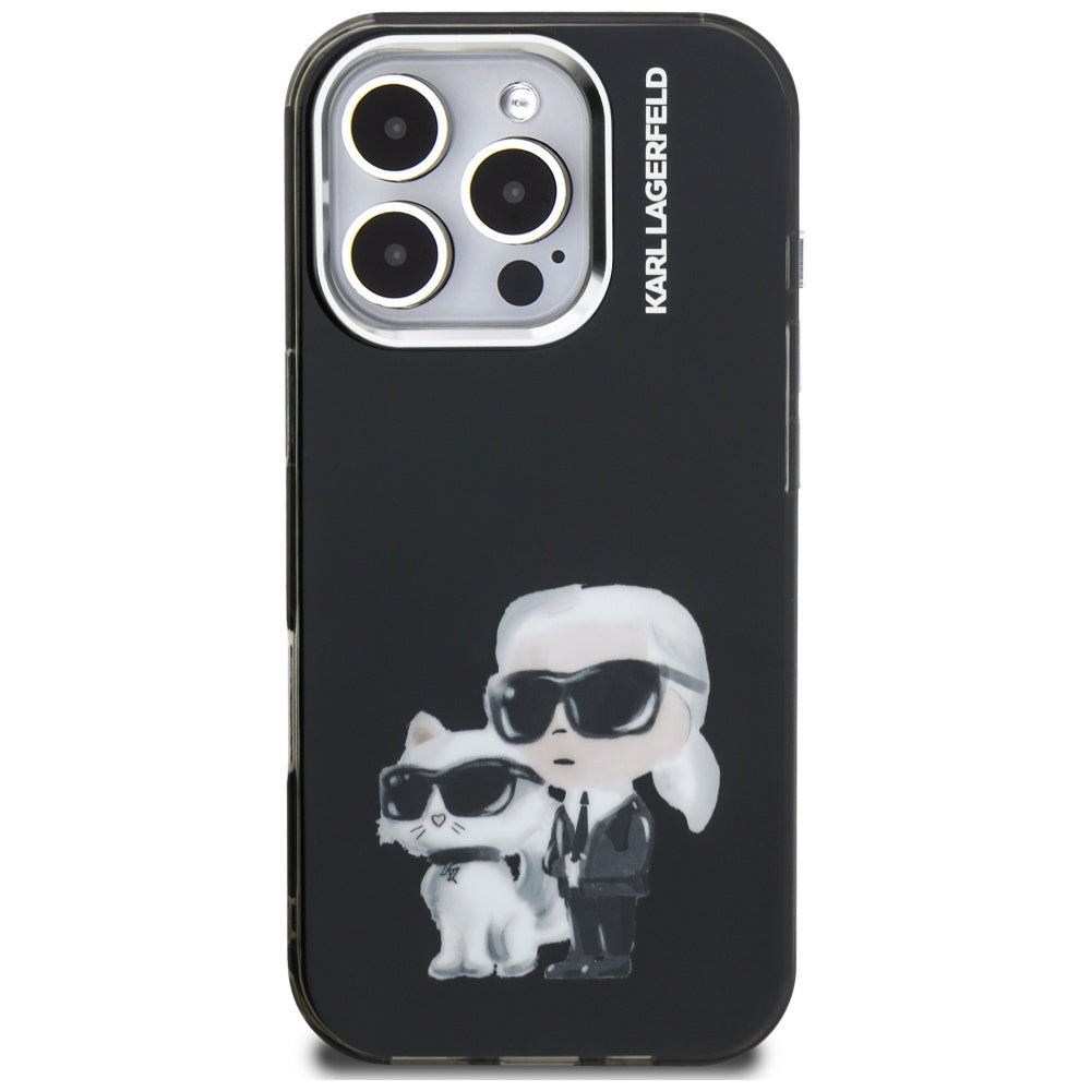 Hoes voor Apple iPhone 16 Pro Max, Karl Lagerfeld, IML Aquarelle Logo Karl & Choupette, Zwart