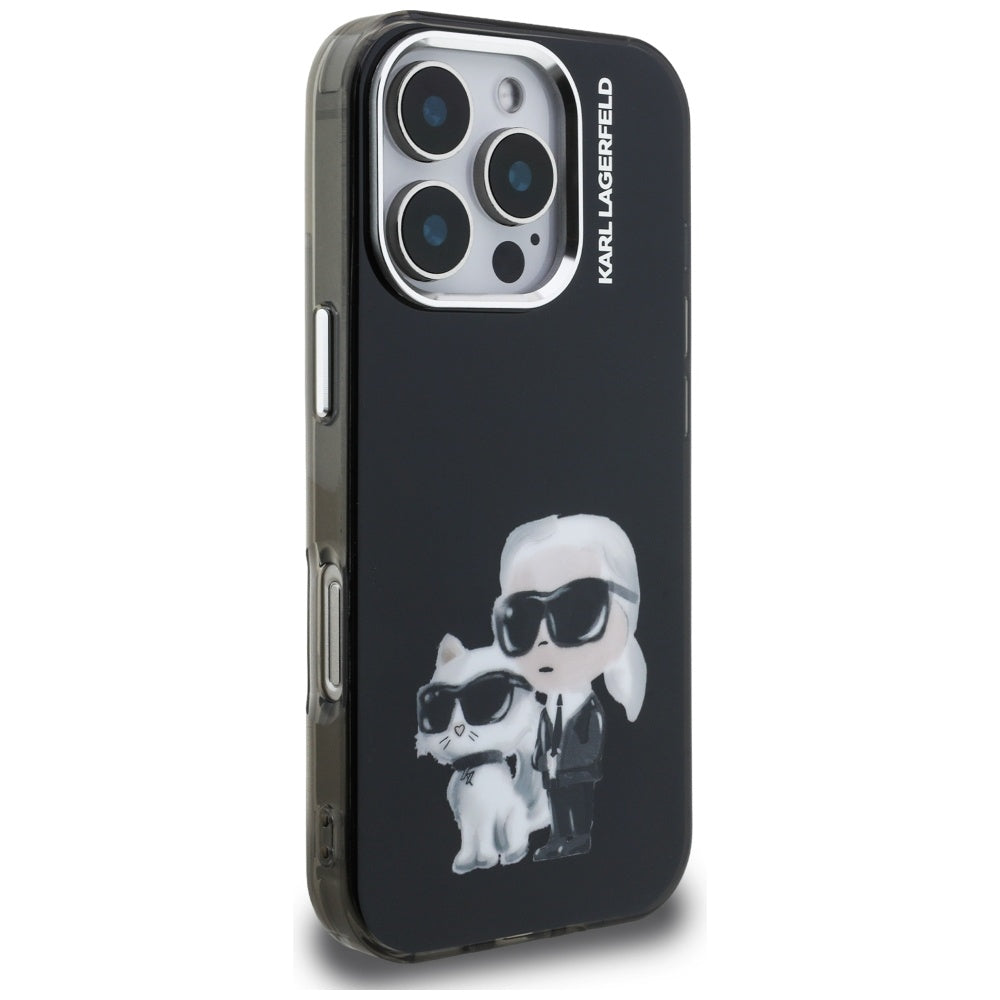 Hoes voor Apple iPhone 16 Pro Max, Karl Lagerfeld, IML Aquarelle Logo Karl & Choupette, Zwart