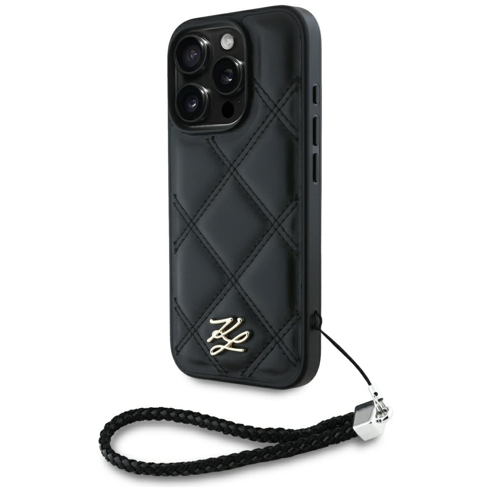 Hoes voor Apple iPhone 16 Pro Max, Karl Lagerfeld, Quilted Initial Logo & Chain Strap, Zwart