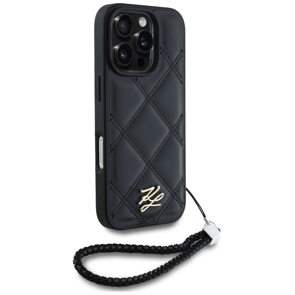 Hoes voor Apple iPhone 16 Pro Max, Karl Lagerfeld, Quilted Initial Logo & Chain Strap, Zwart