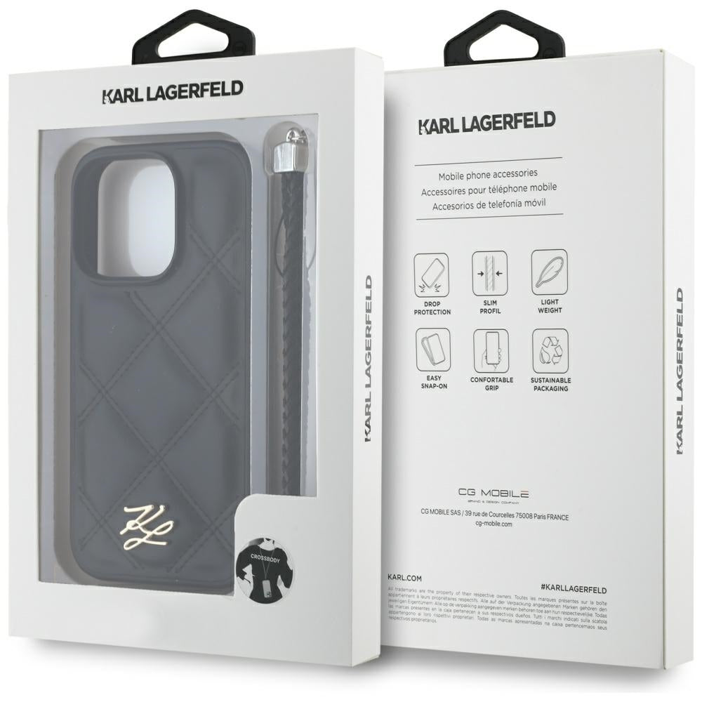 Hoes voor Apple iPhone 16 Pro Max, Karl Lagerfeld, Quilted Initial Logo & Chain Strap, Zwart