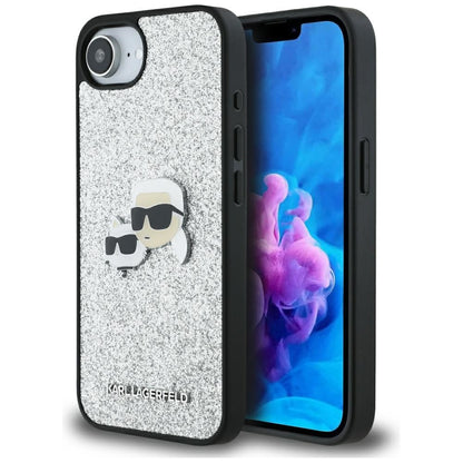 Hoes voor Apple iPhone 16e, Karl Lagerfeld, Glitter Fixed Karl & Choupette's Heads, Zilverkleurig