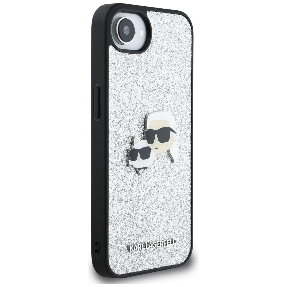 Hoes voor Apple iPhone 16e, Karl Lagerfeld, Glitter Fixed Karl & Choupette's Heads, Zilverkleurig