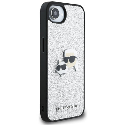 Hoes voor Apple iPhone 16e, Karl Lagerfeld, Glitter Fixed Karl & Choupette's Heads, Zilverkleurig