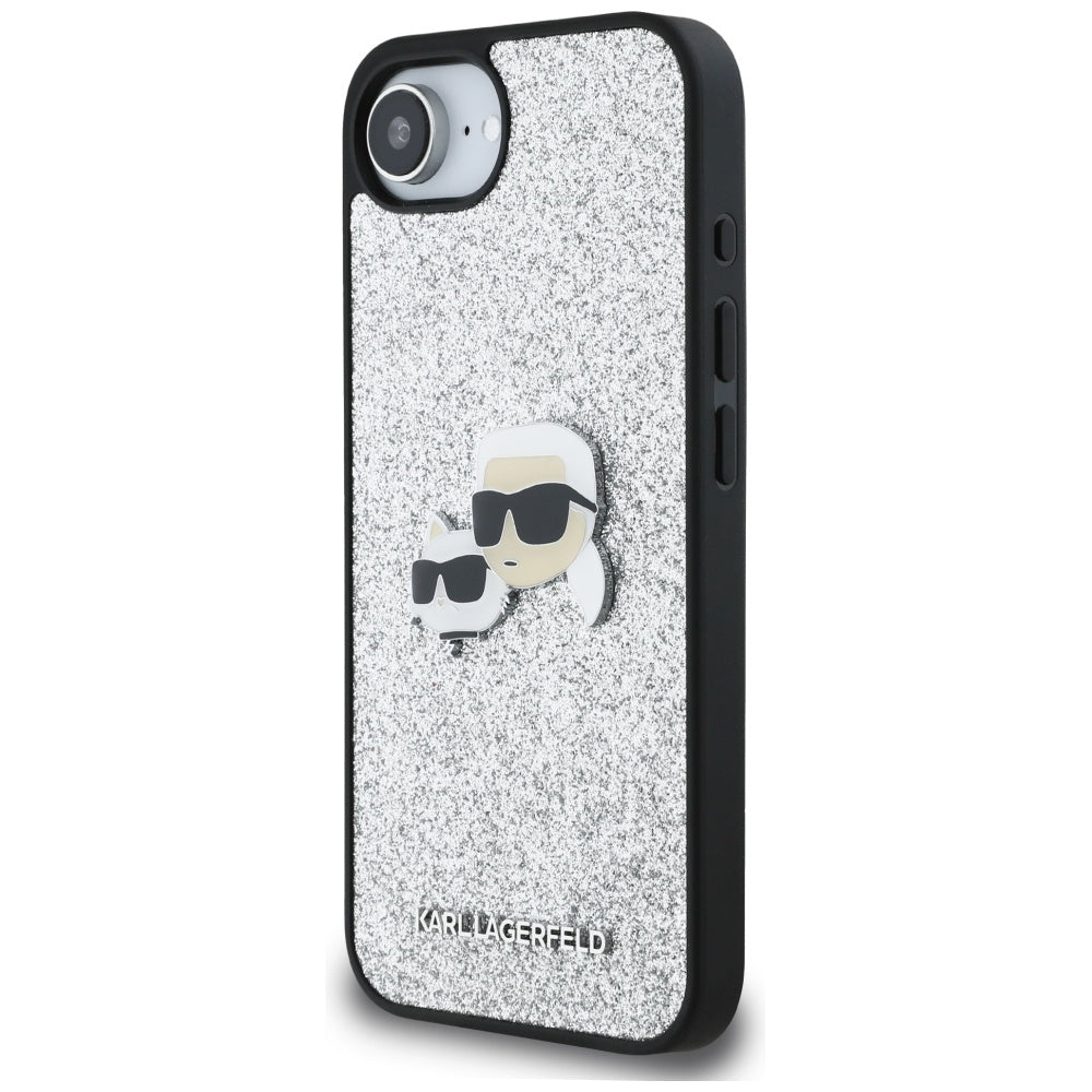 Hoes voor Apple iPhone 16e, Karl Lagerfeld, Glitter Fixed Karl & Choupette's Heads, Zilverkleurig