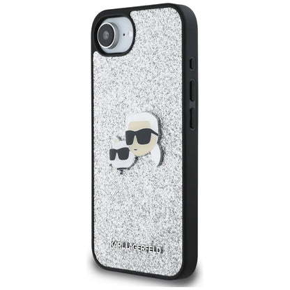 Hoes voor Apple iPhone 16e, Karl Lagerfeld, Glitter Fixed Karl & Choupette's Heads, Zilverkleurig