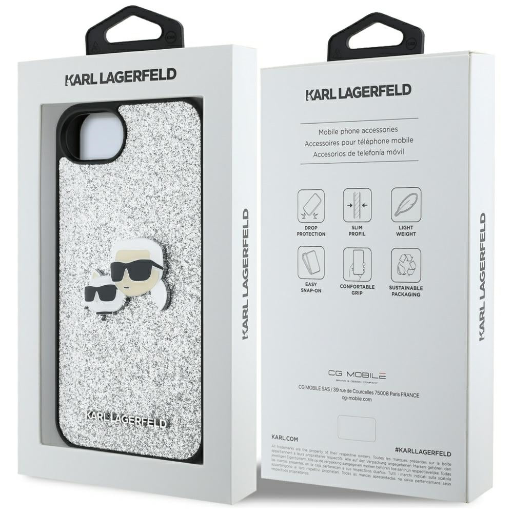 Hoes voor Apple iPhone 16e, Karl Lagerfeld, Glitter Fixed Karl & Choupette's Heads, Zilverkleurig