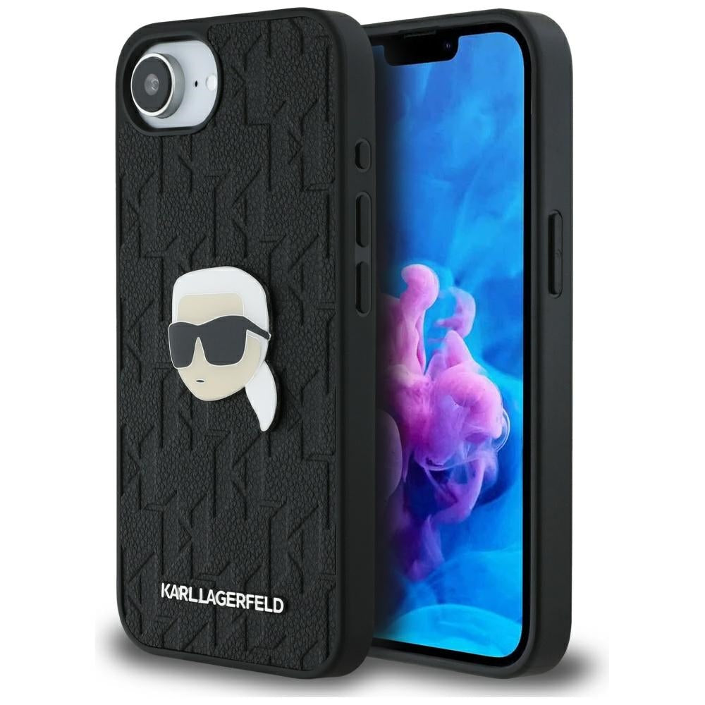 Hoes voor Apple iPhone 16e, Karl Lagerfeld, Monogram Karl's Head, Zwart