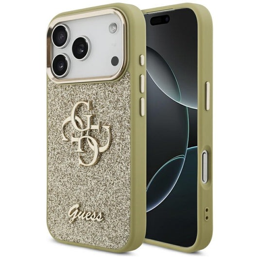 Hoes voor Apple iPhone 17 Pro, Guess, Fixed Glitter Big 4G Metal Frame, Goudkleurig