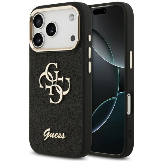 Hoes voor Apple iPhone 17 Pro, Guess, Fixed Glitter Big 4G Metal Frame, Zwart