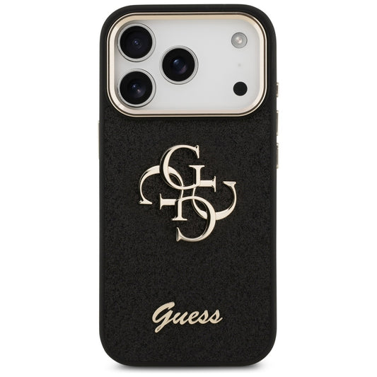 Hoes voor Apple iPhone 17 Pro, Guess, Fixed Glitter Big 4G Metal Frame, Zwart