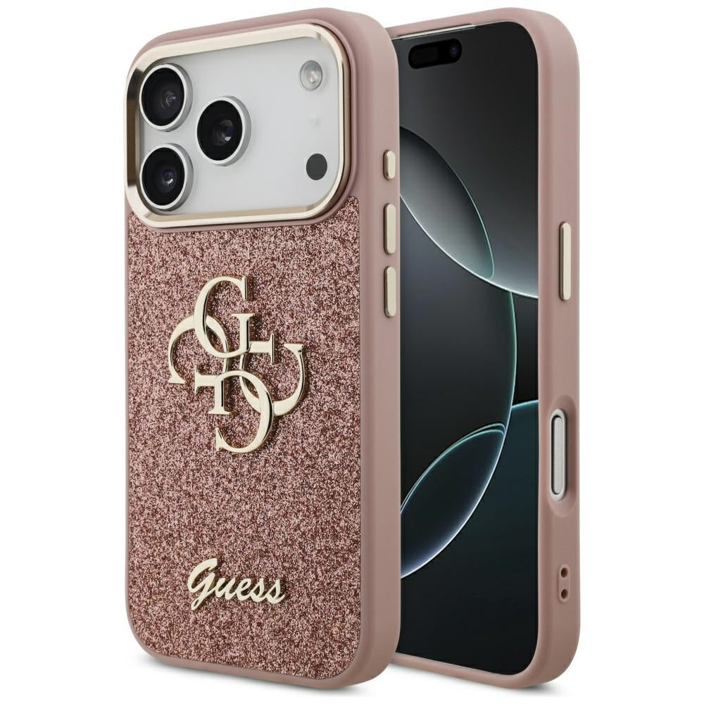 Hoes voor Apple iPhone 17 Pro, Guess, Fixed Glitter Big 4G Metal Frame, Roze