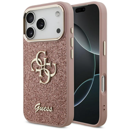 Hoes voor Apple iPhone 17 Pro, Guess, Fixed Glitter Big 4G Metal Frame, Roze