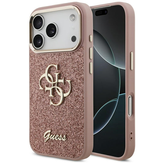 Hoes voor Apple iPhone 17 Pro, Guess, Fixed Glitter Big 4G Metal Frame, Roze