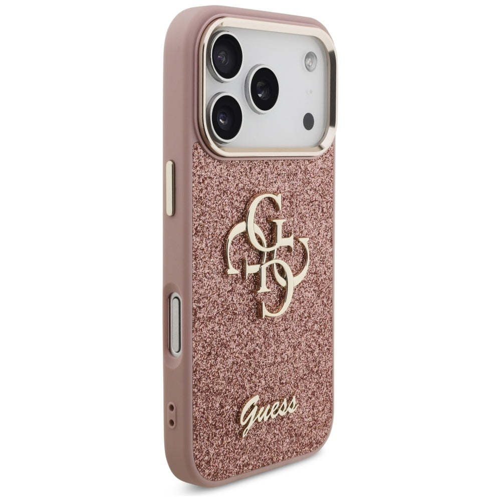 Hoes voor Apple iPhone 17 Pro, Guess, Fixed Glitter Big 4G Metal Frame, Roze