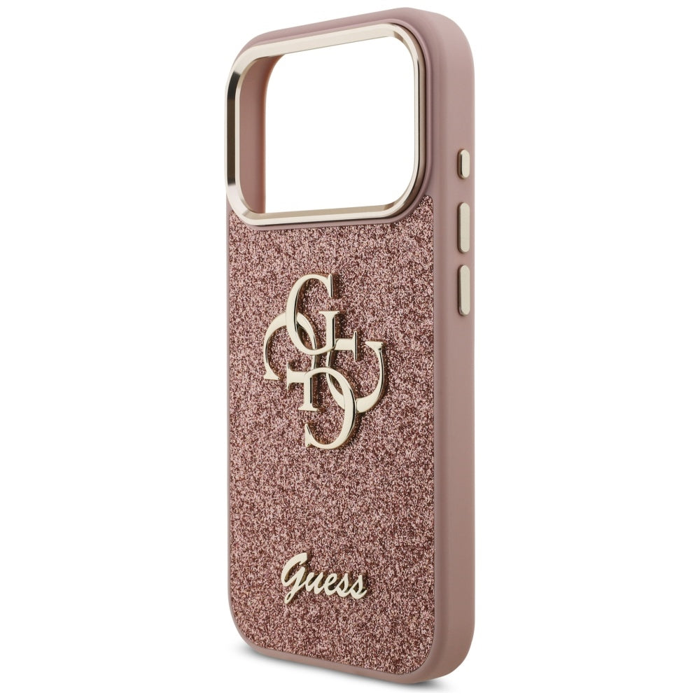 Hoes voor Apple iPhone 17 Pro, Guess, Fixed Glitter Big 4G Metal Frame, Roze