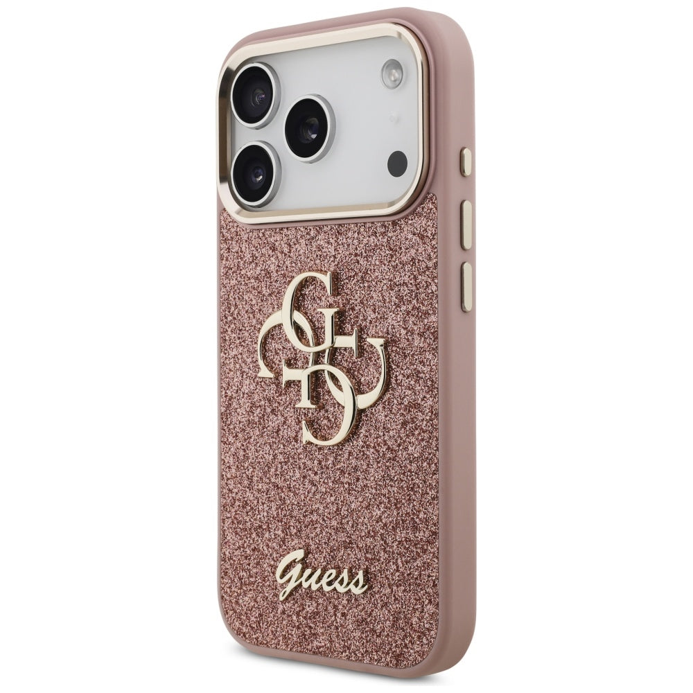 Hoes voor Apple iPhone 17 Pro, Guess, Fixed Glitter Big 4G Metal Frame, Roze