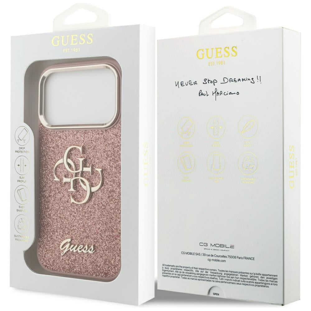 Hoes voor Apple iPhone 17 Pro, Guess, Fixed Glitter Big 4G Metal Frame, Roze
