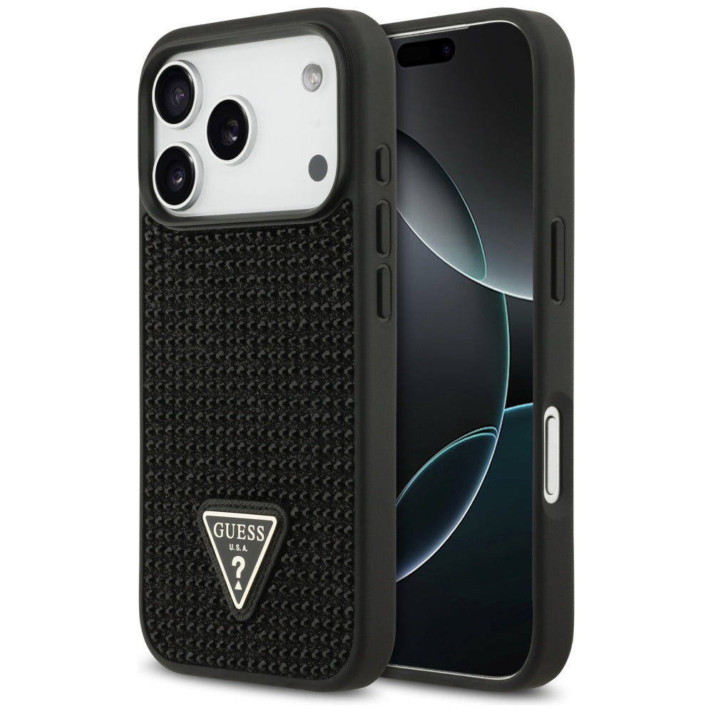 Hoes voor Apple iPhone 17 Pro, Guess, Rhinestone Triangle Logo, Zwart