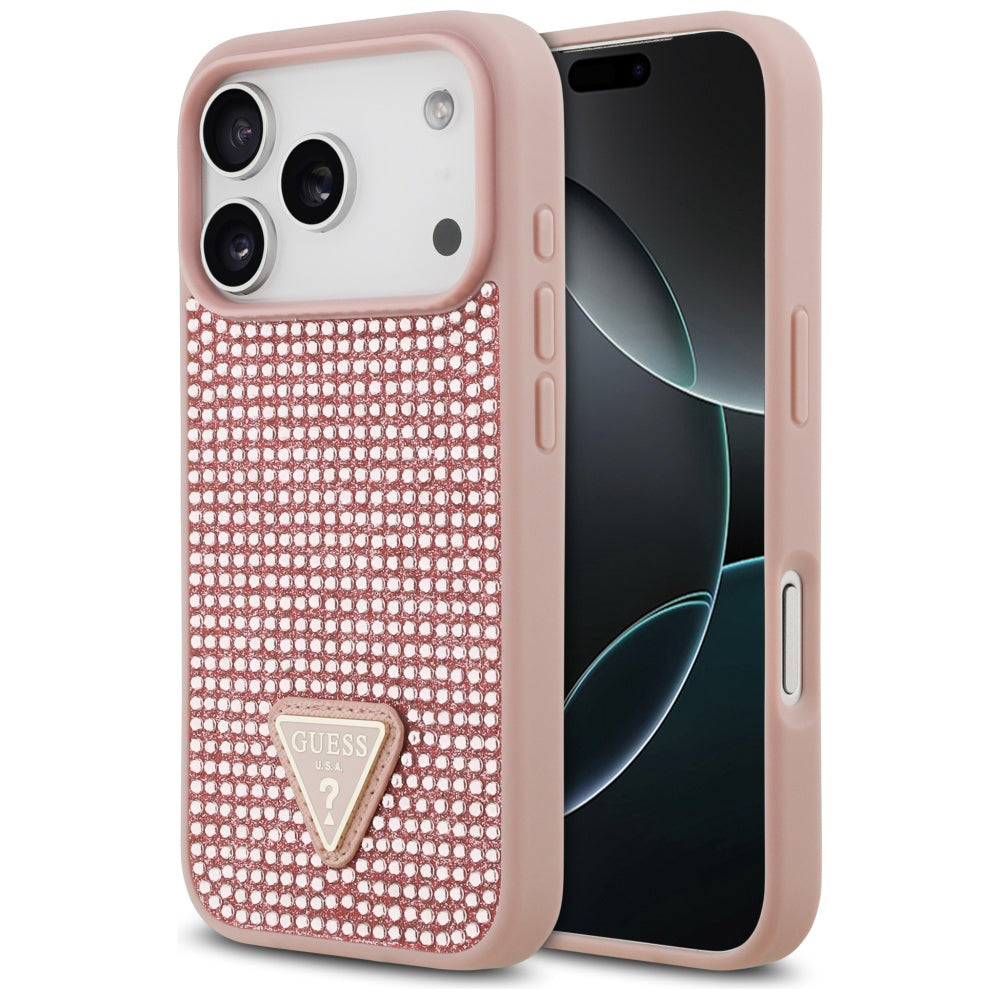 Hoes voor Apple iPhone 17 Pro, Guess, Rhinestone Triangle Logo, Roze