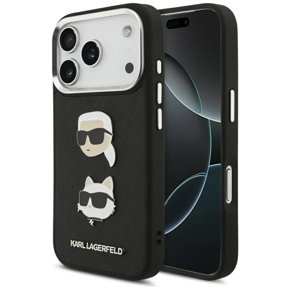 Hoes voor Apple iPhone 17 Pro, Karl Lagerfeld, Grained Karl & Choupette's Heads Pins en Logo, Zwart