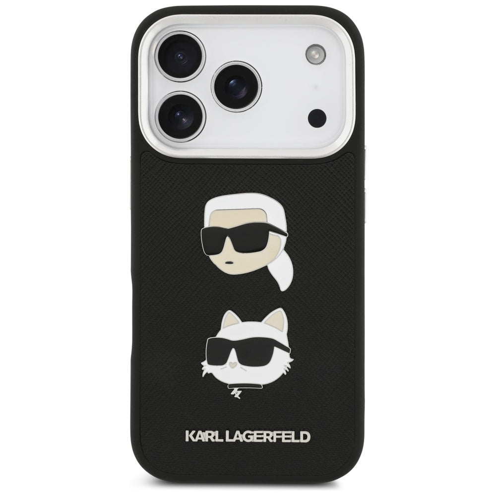 Hoes voor Apple iPhone 17 Pro, Karl Lagerfeld, Grained Karl & Choupette's Heads Pins en Logo, Zwart