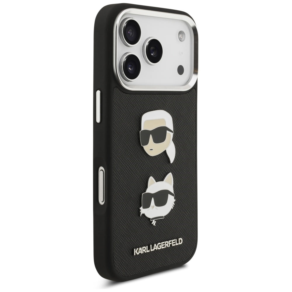 Hoes voor Apple iPhone 17 Pro, Karl Lagerfeld, Grained Karl & Choupette's Heads Pins en Logo, Zwart