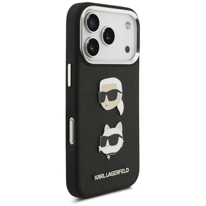 Hoes voor Apple iPhone 17 Pro, Karl Lagerfeld, Grained Karl & Choupette's Heads Pins en Logo, Zwart