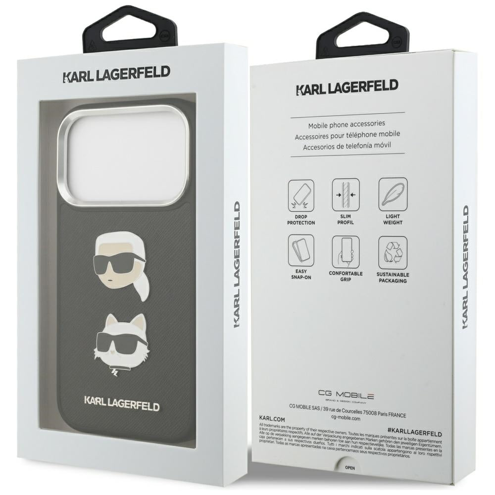 Hoes voor Apple iPhone 17 Pro, Karl Lagerfeld, Grained Karl & Choupette's Heads Pins en Logo, Zwart
