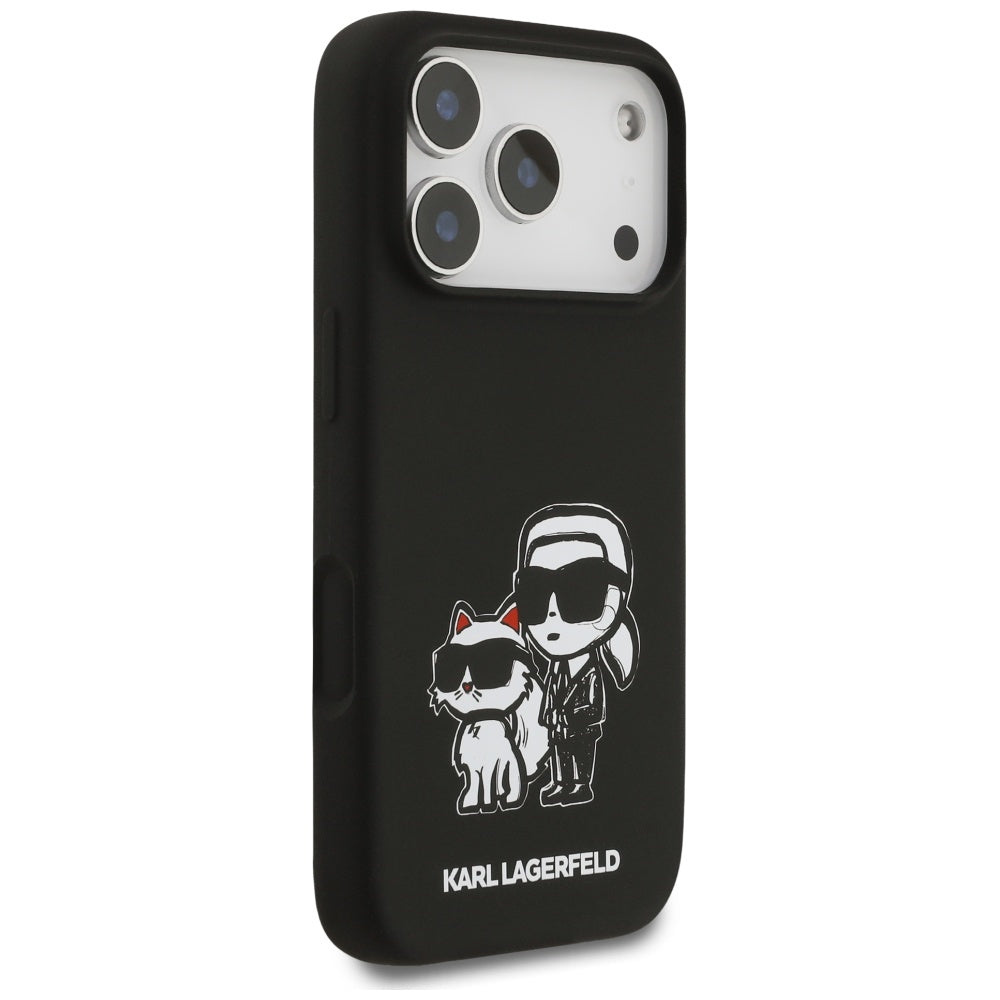Case for Apple iPhone 17 Pro, Karl Lagerfeld, Sketch and Logo Karl & Choupette, Black