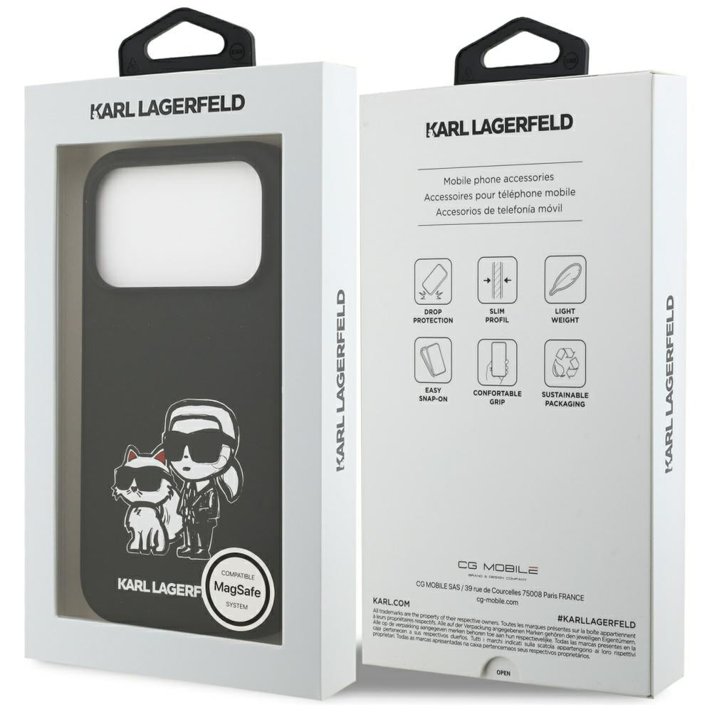 Case for Apple iPhone 17 Pro, Karl Lagerfeld, Sketch and Logo Karl & Choupette, Black